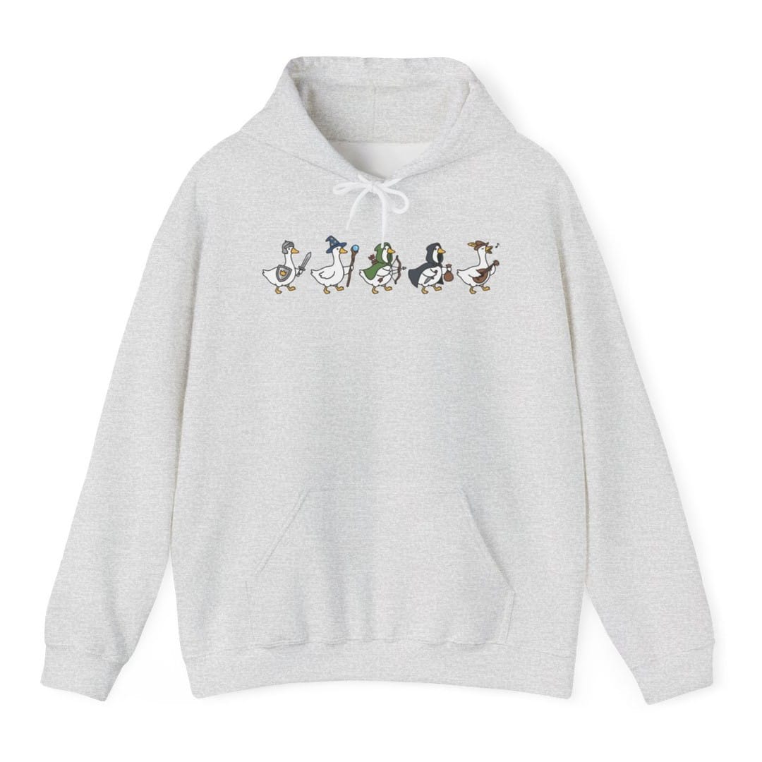 The same Silly Goose Adventurers design, on an ash hoodie.