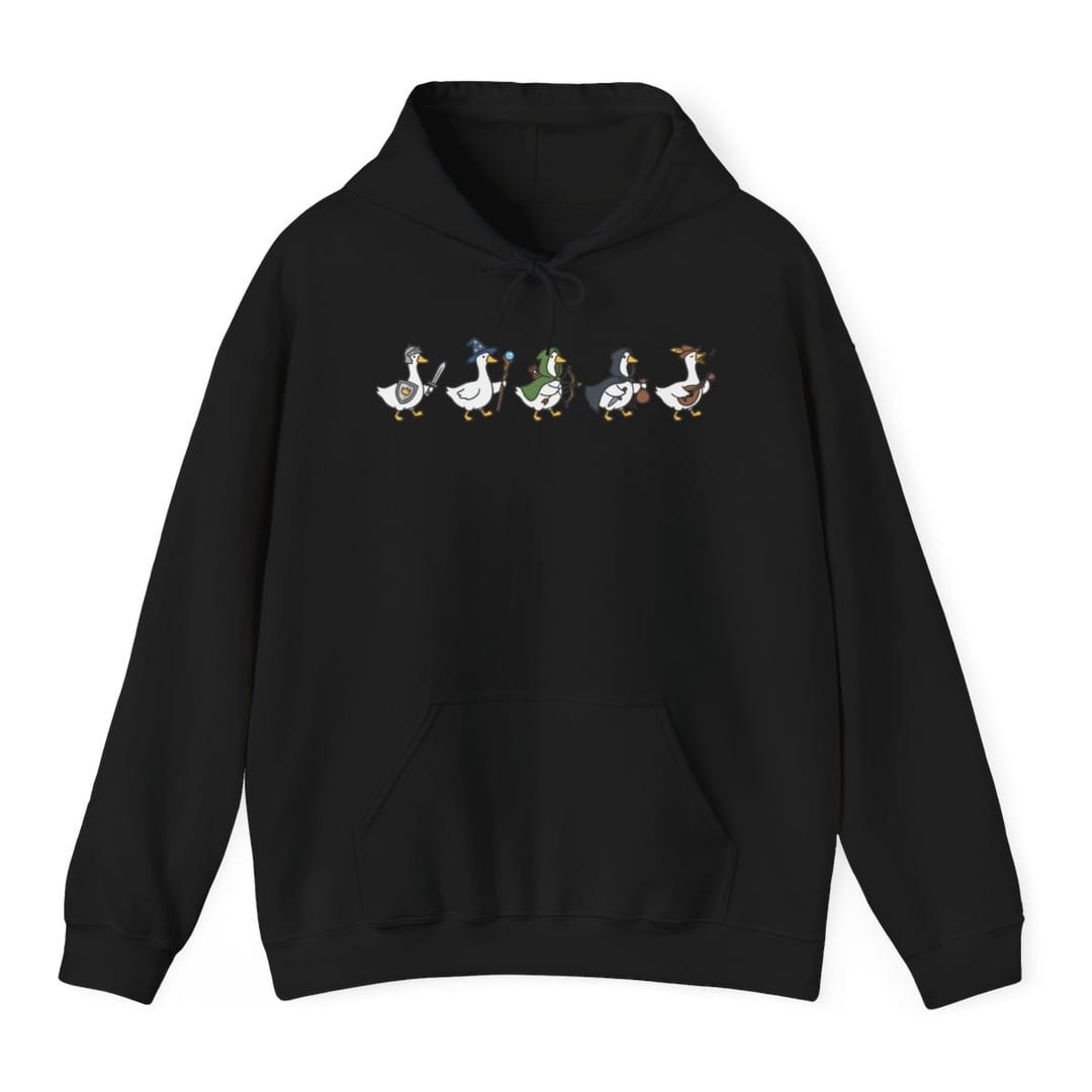 Black hoodie. Five white cartoon geese walk in a row across the top of the design, each kitted out as an adventurer: a knight in a steel helm with sword and shield, a wizard in a starry blue hat with a staff, a ranger in a green hood with a bow and quiver, a rogue in a dark cloak with a dagger and a coin purse, and a bard in a feathered hat playing a lute. Simple clean cartoon style. No words at all.