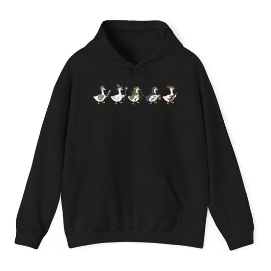 Black hoodie. Five white cartoon geese walk in a row across the top of the design, each kitted out as an adventurer: a knight in a steel helm with sword and shield, a wizard in a starry blue hat with a staff, a ranger in a green hood with a bow and quiver, a rogue in a dark cloak with a dagger and a coin purse, and a bard in a feathered hat playing a lute. Simple clean cartoon style. No words at all.