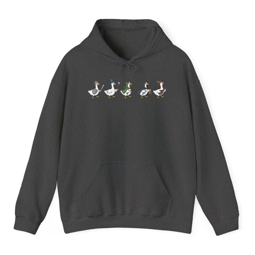 The same Silly Goose Adventurers design, on a dark heather hoodie.