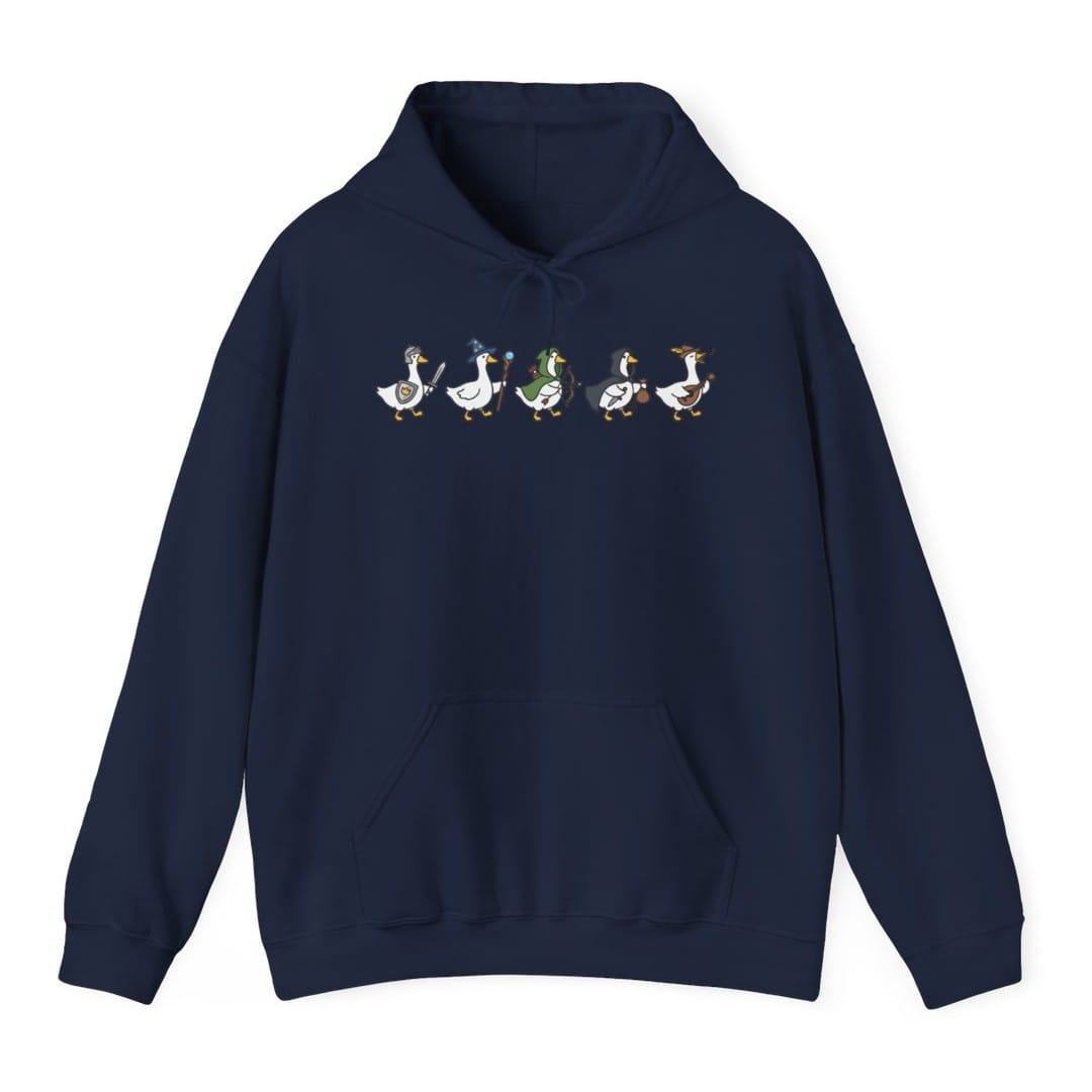 The same Silly Goose Adventurers design, on a navy hoodie.