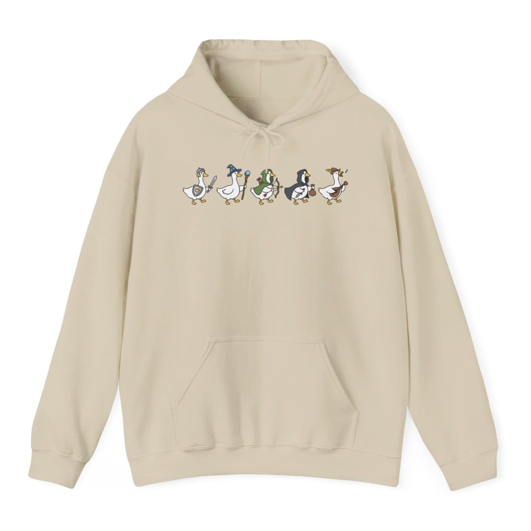 The same Silly Goose Adventurers design, on a sand hoodie.