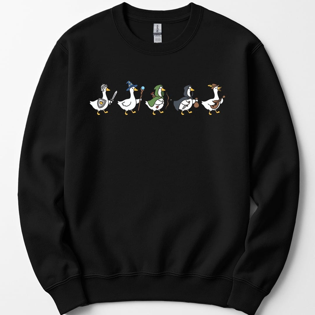 The same Silly Goose Adventurers design, on a black sweatshirt.