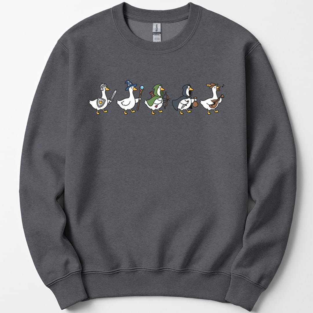 The same Silly Goose Adventurers design, on a dark heather sweatshirt.