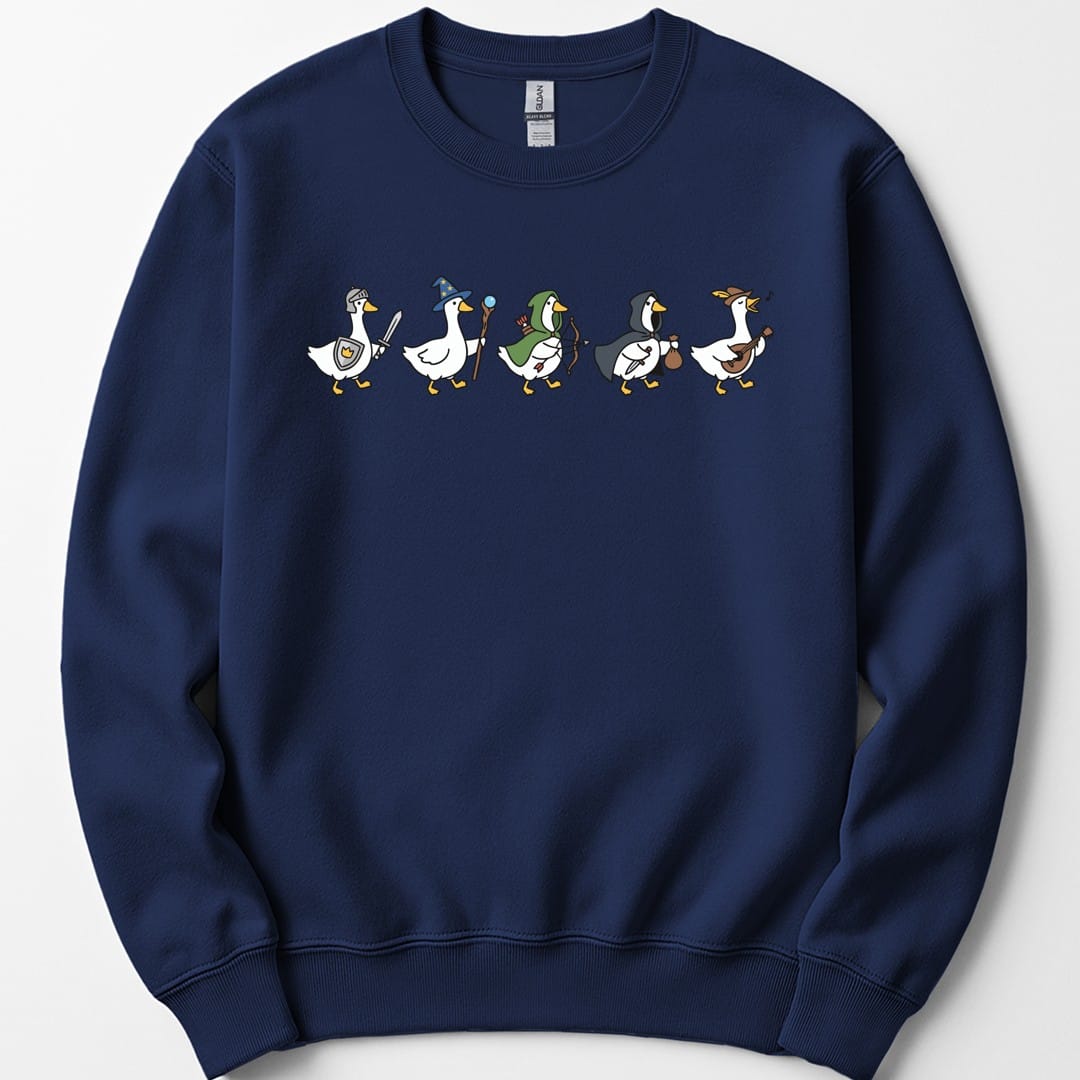 The same Silly Goose Adventurers design, on a navy sweatshirt.