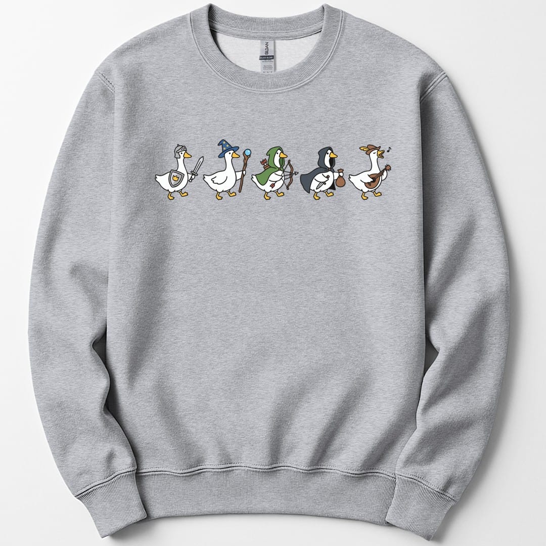 The same Silly Goose Adventurers design, on a sport grey sweatshirt.
