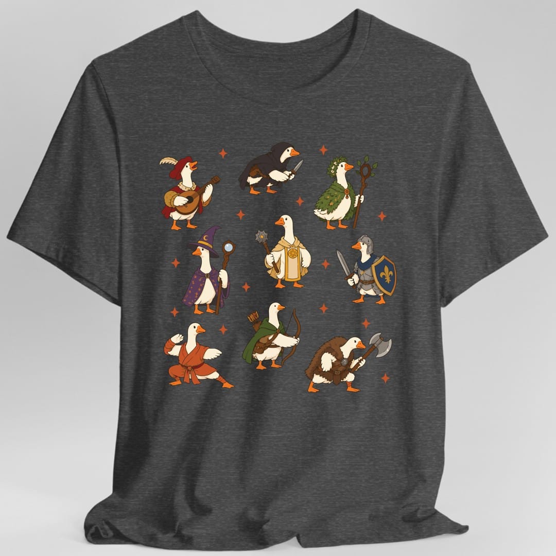 The same Silly Goose adventurers design, on a dark heather t-shirt.