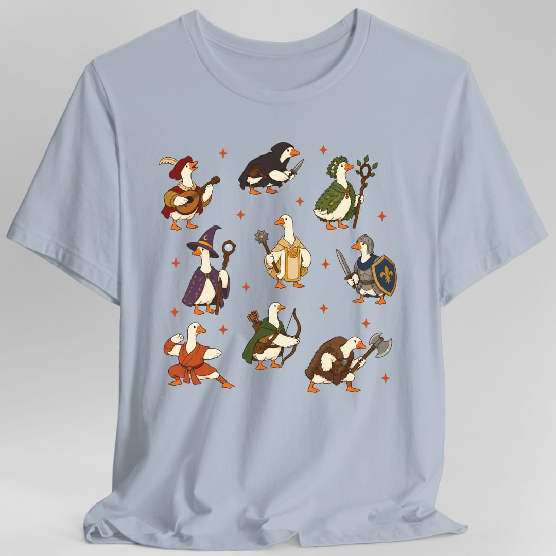 The same Silly Goose adventurers design, on a light blue t-shirt.