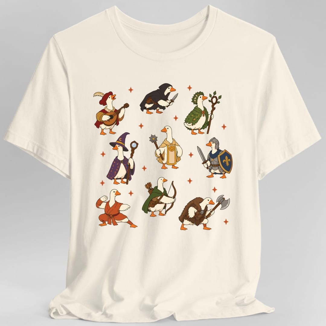 The same Silly Goose adventurers design, on a natural t-shirt.