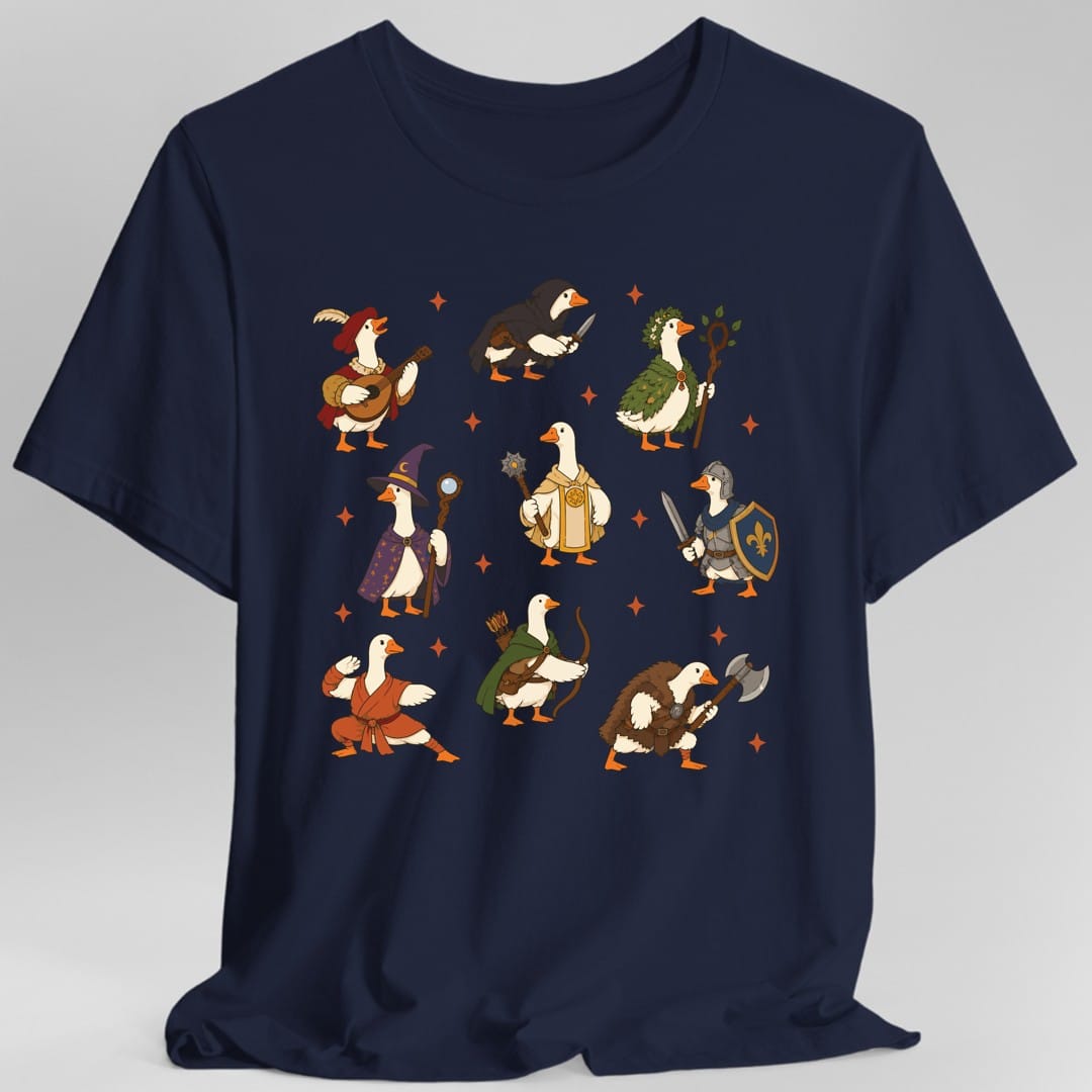 The same Silly Goose adventurers design, on a navy t-shirt.