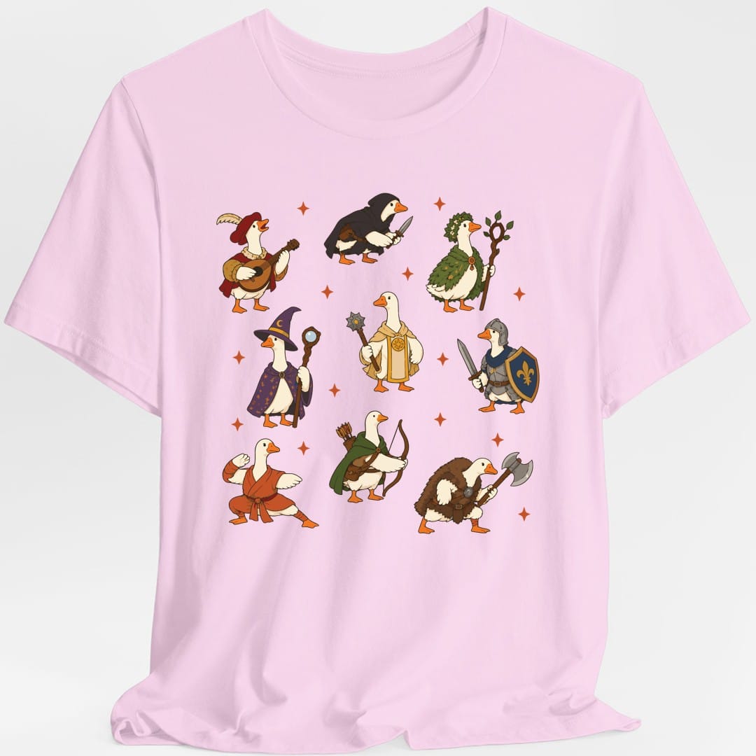 The same Silly Goose adventurers design, on a light pink t-shirt.