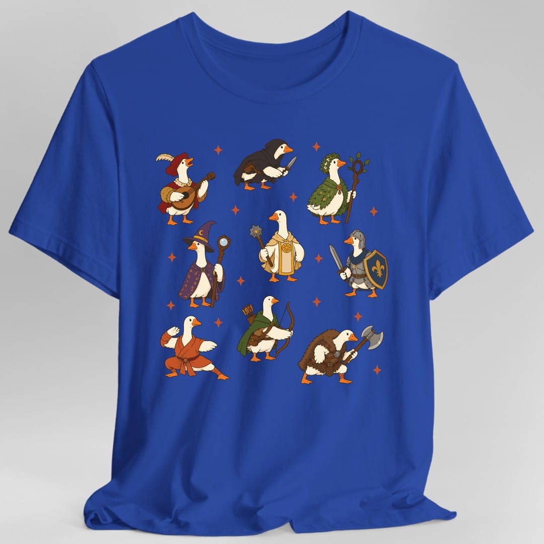 The same Silly Goose adventurers design, on a royal t-shirt.