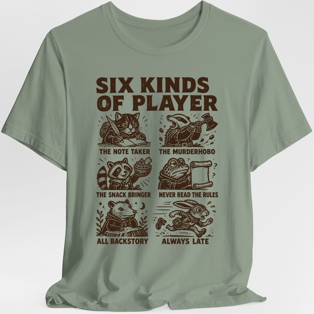 The same Six Kinds Of Player grid design, on a sage t-shirt.
