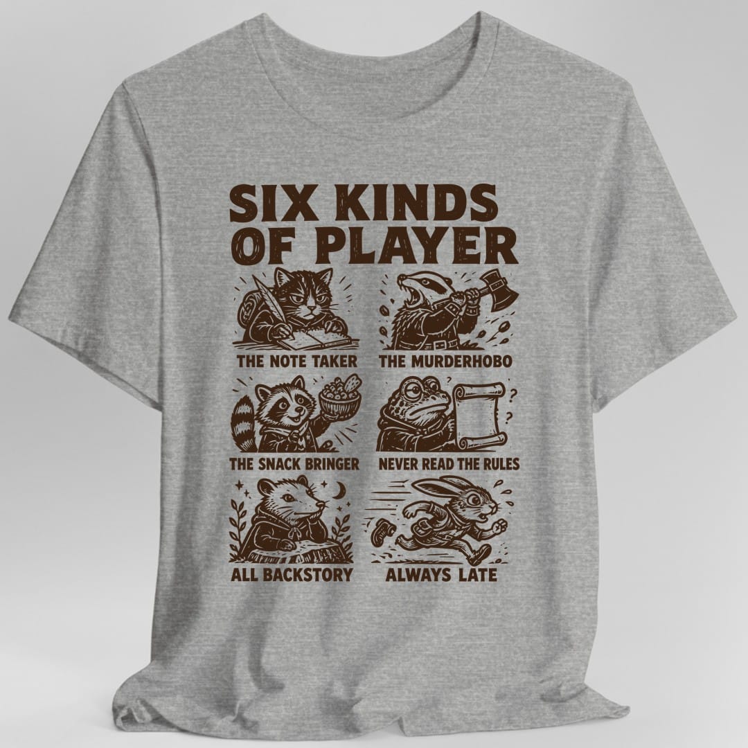 The same Six Kinds Of Player grid design, on a sport grey t-shirt.