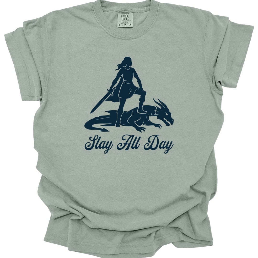 The same Slay All Day design, on a bay t-shirt.