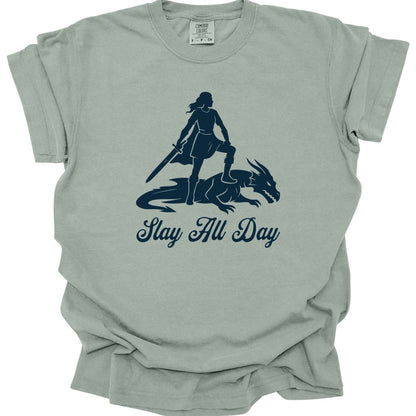 The same Slay All Day design, on a bay t-shirt.
