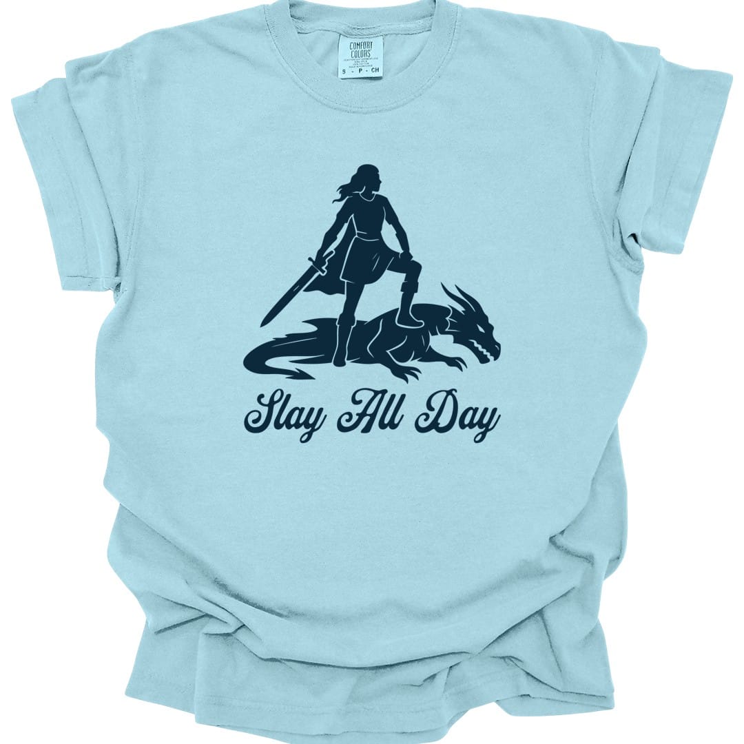 The same Slay All Day design, on a chambray t-shirt.
