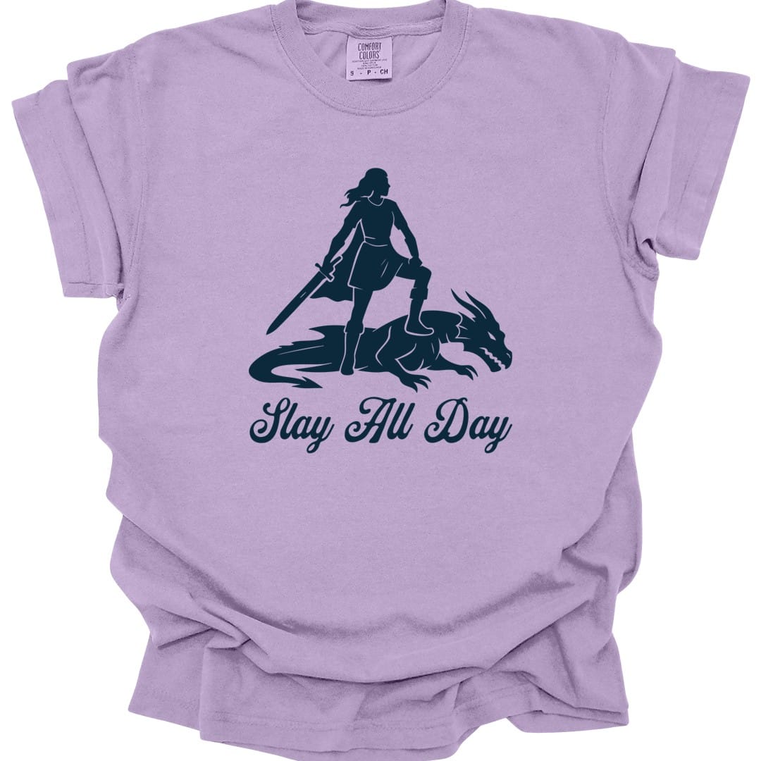 The same Slay All Day design, on an orchid t-shirt.