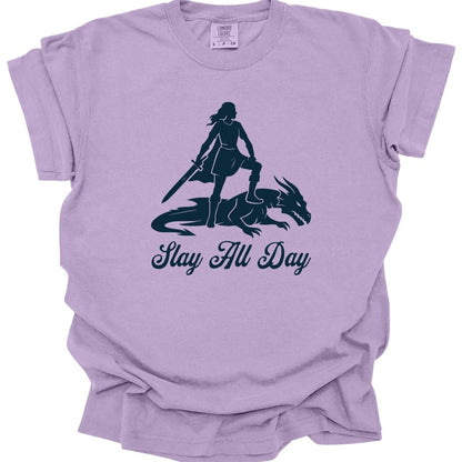 The same Slay All Day design, on an orchid t-shirt.