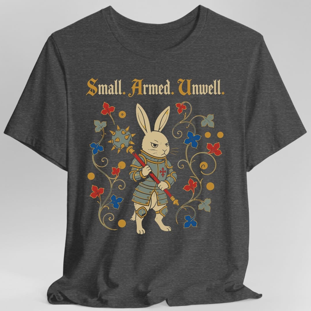 The same Small Armed Unwell rabbit design, on a dark heather t-shirt.