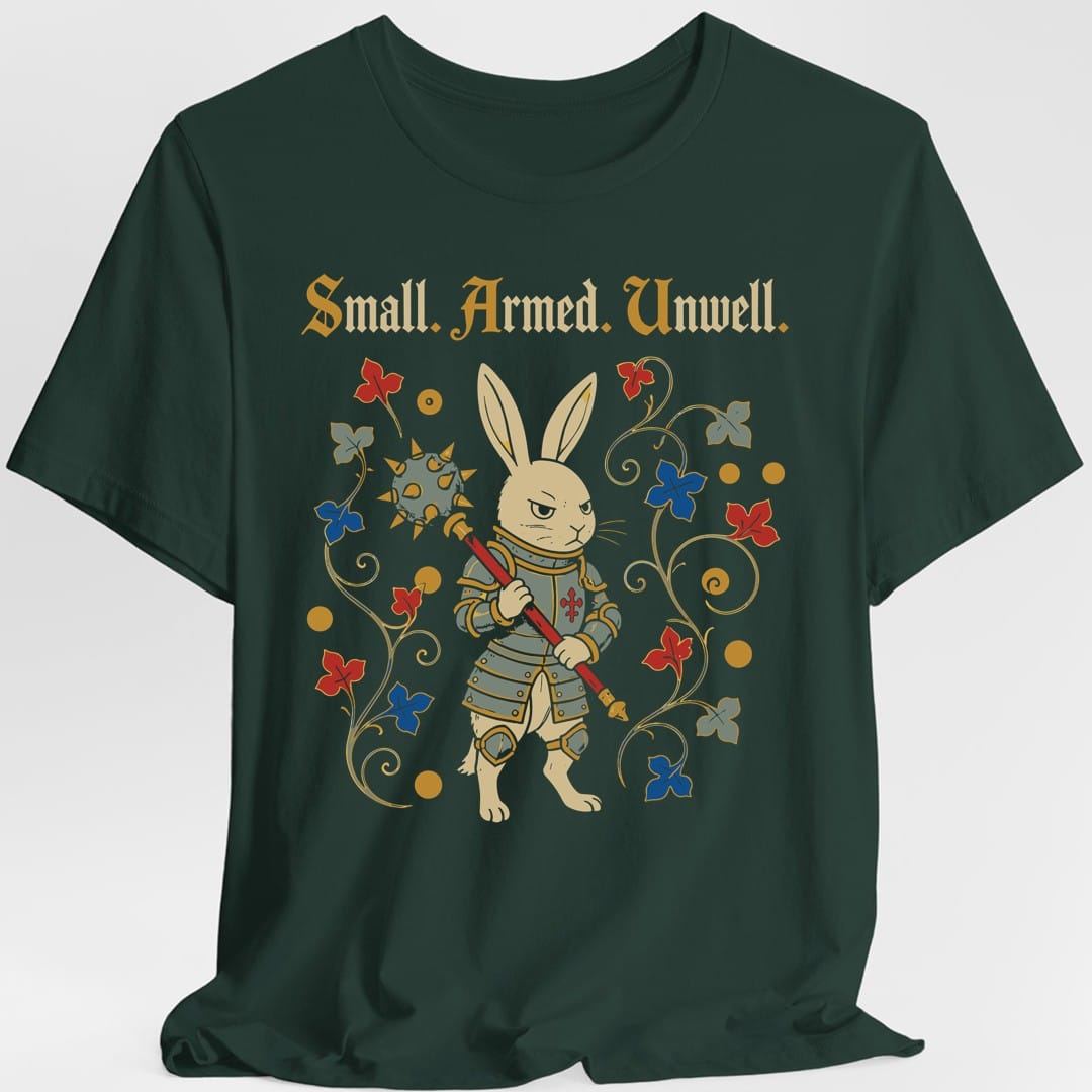 The same Small Armed Unwell rabbit design, on a forest green t-shirt.