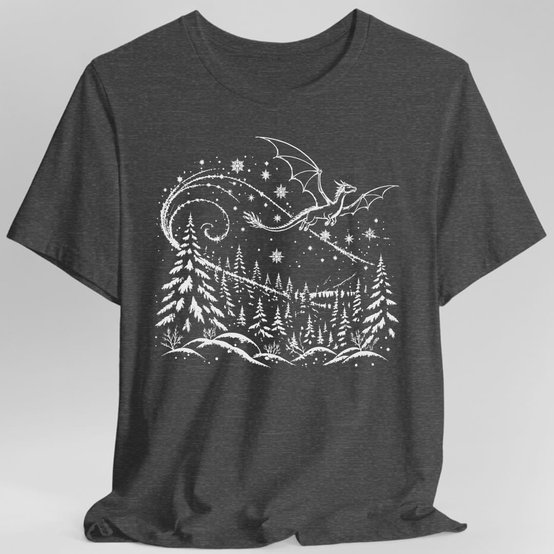 The same Snow Dragon design, on a dark heather t-shirt.
