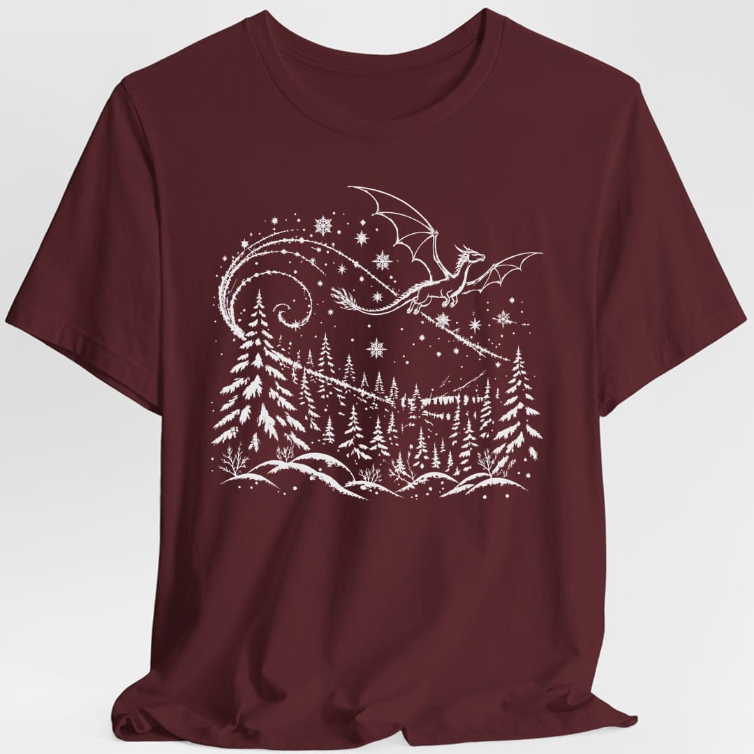 The same Snow Dragon design, on a maroon t-shirt.
