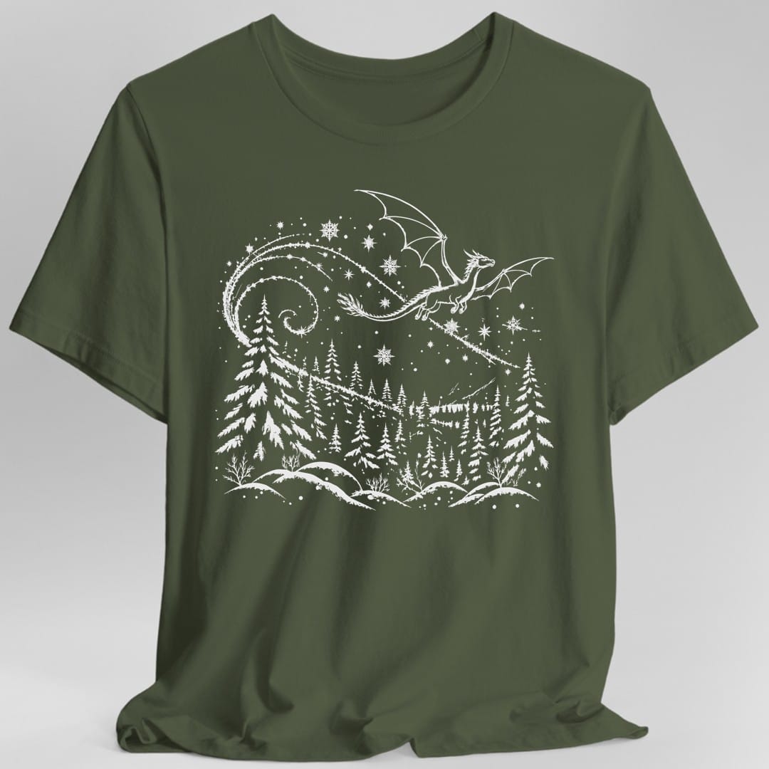 The same Snow Dragon design, on a military green t-shirt.