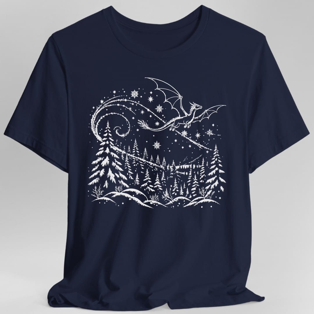 The same Snow Dragon design, on a navy t-shirt.