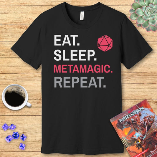 Printify T-Shirt Sorcerer Class T-Shirt – 'Eat, Sleep, Metamagic, Repeat'