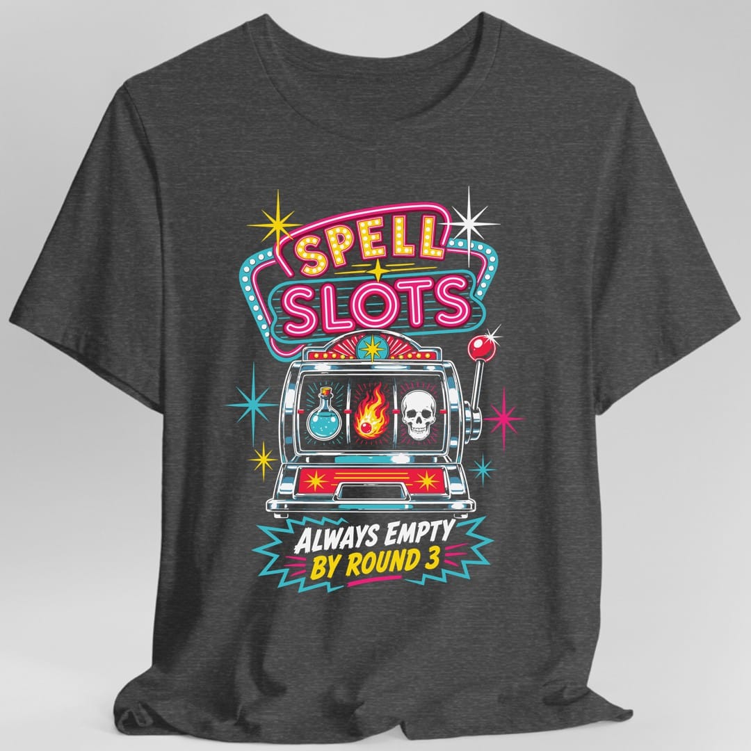 The same Spell Slots slot machine design, on a dark heather t-shirt.