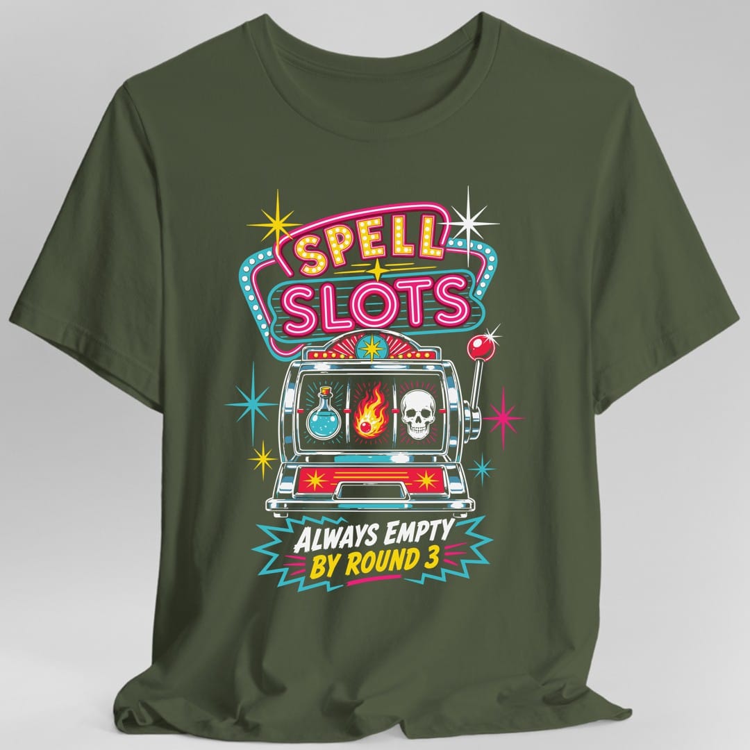 The same Spell Slots slot machine design, on a military green t-shirt.