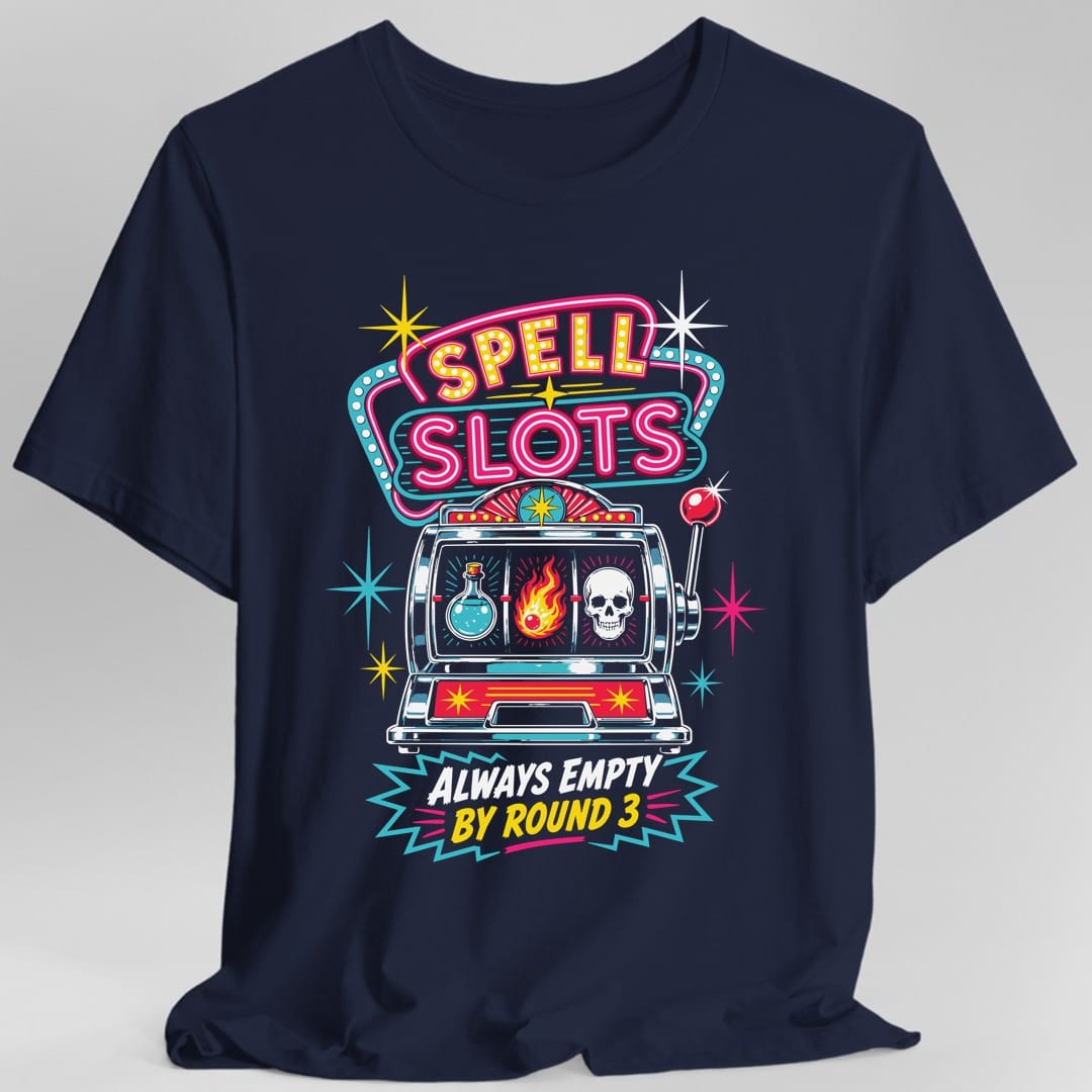 The same Spell Slots slot machine design, on a navy t-shirt.