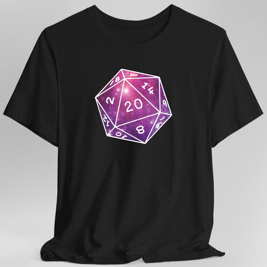 Black t-shirt. A single large twenty-sided die showing 20, its faces filled with a purple and pink star nebula scattered with white stars, outlined in white with the numbers marked. No words at all.