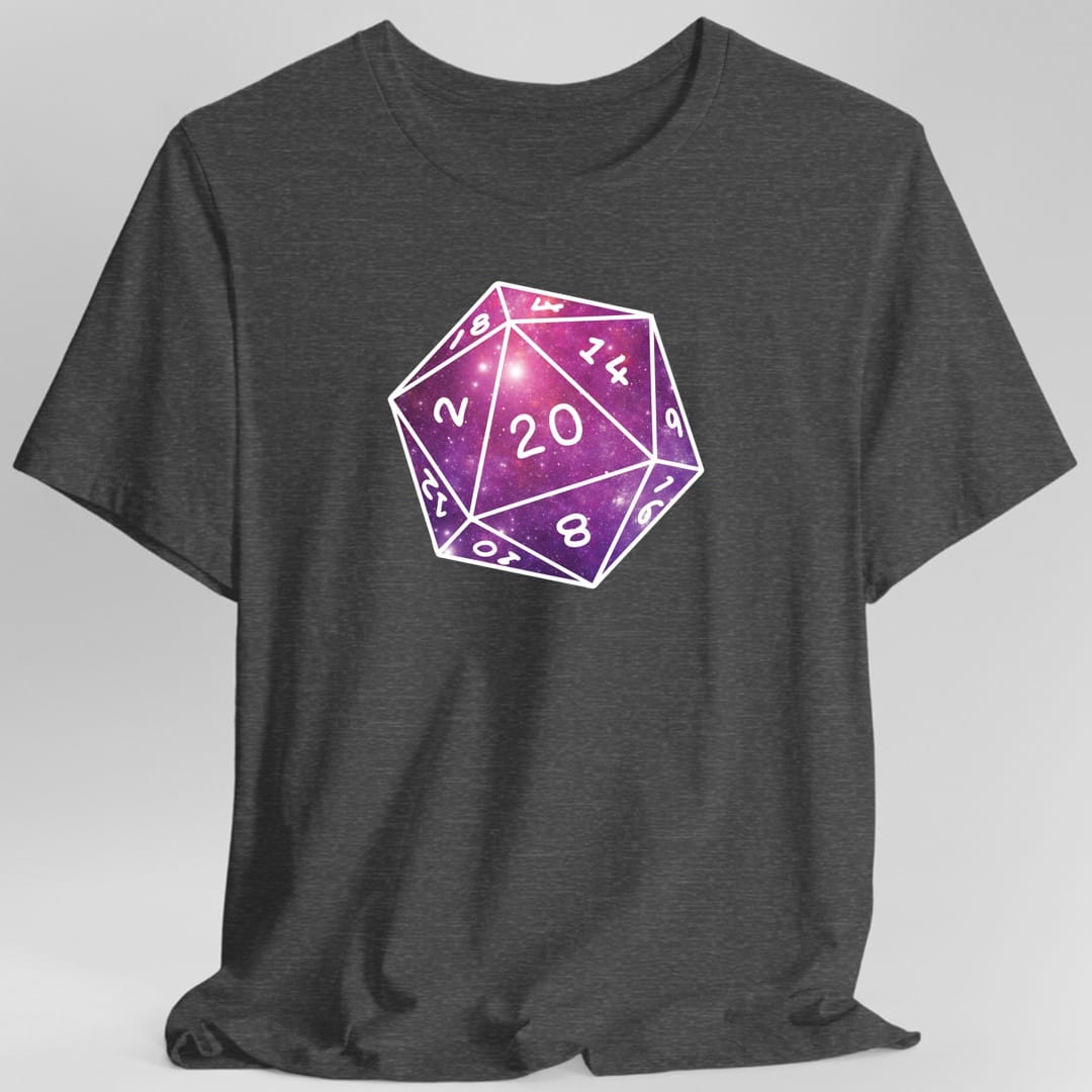 The same Stars Nebula D20 design, on a dark heather t-shirt.
