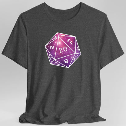 The same Stars Nebula D20 design, on a dark heather t-shirt.