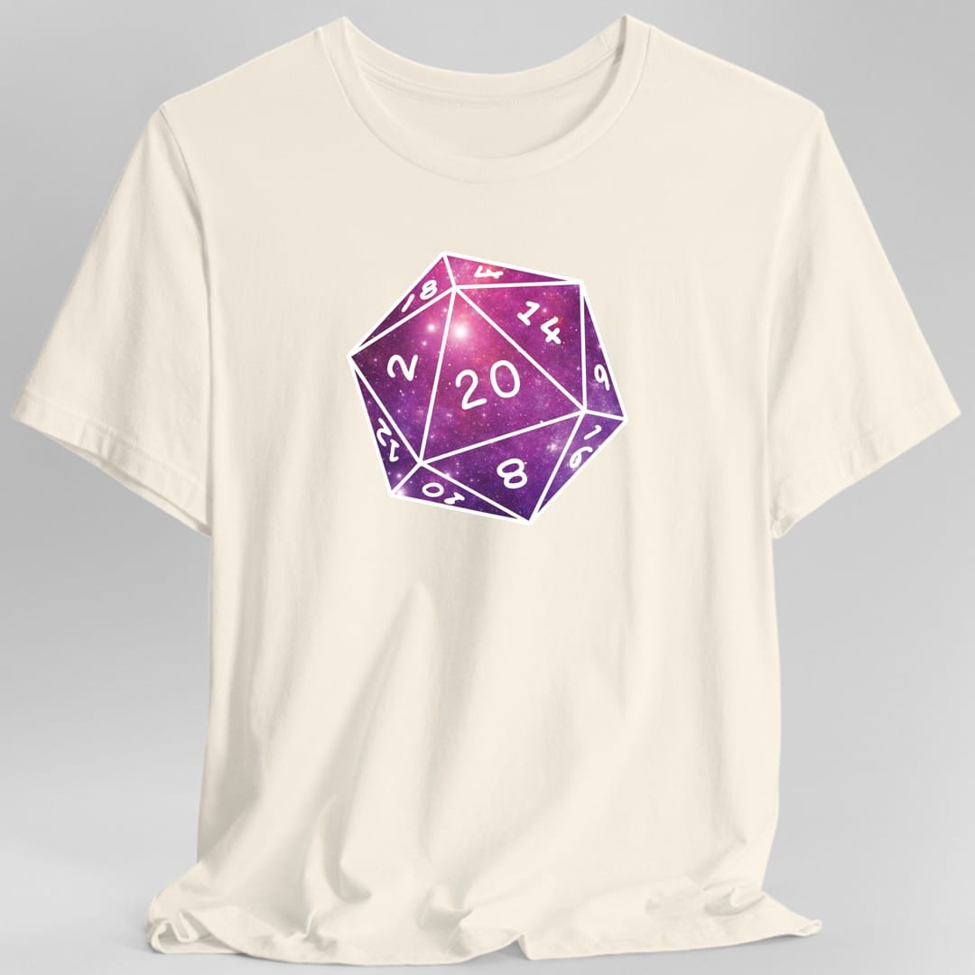 The same Stars Nebula D20 design, on a natural t-shirt.