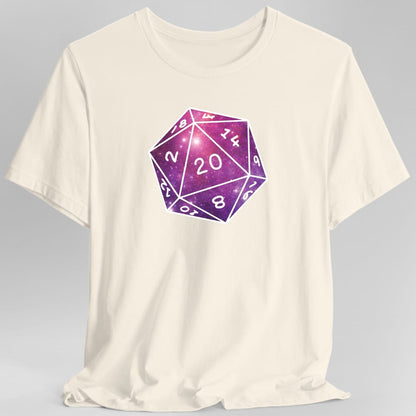 The same Stars Nebula D20 design, on a natural t-shirt.