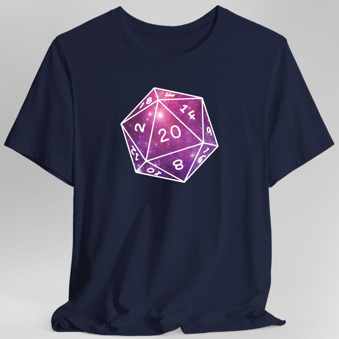 The same Stars Nebula D20 design, on a navy t-shirt.