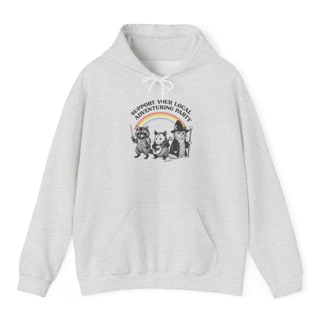 The same Support Your Local Adventuring Party design, on an ash hoodie.
