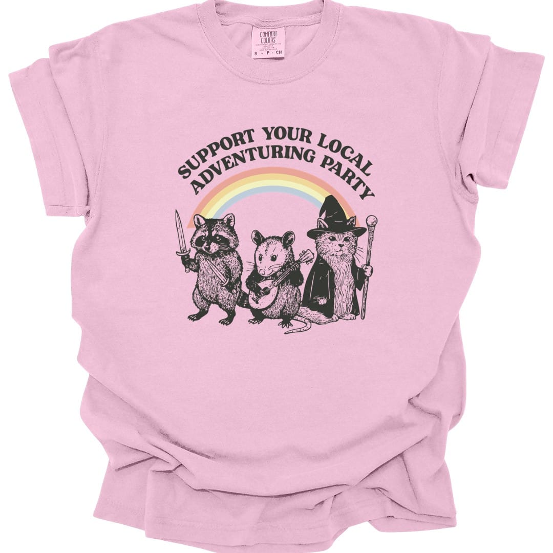 The same Support Your Local Adventuring Party design, on a blossom t-shirt.