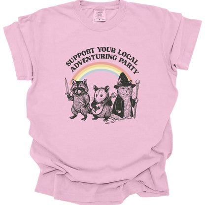 The same Support Your Local Adventuring Party design, on a blossom t-shirt.