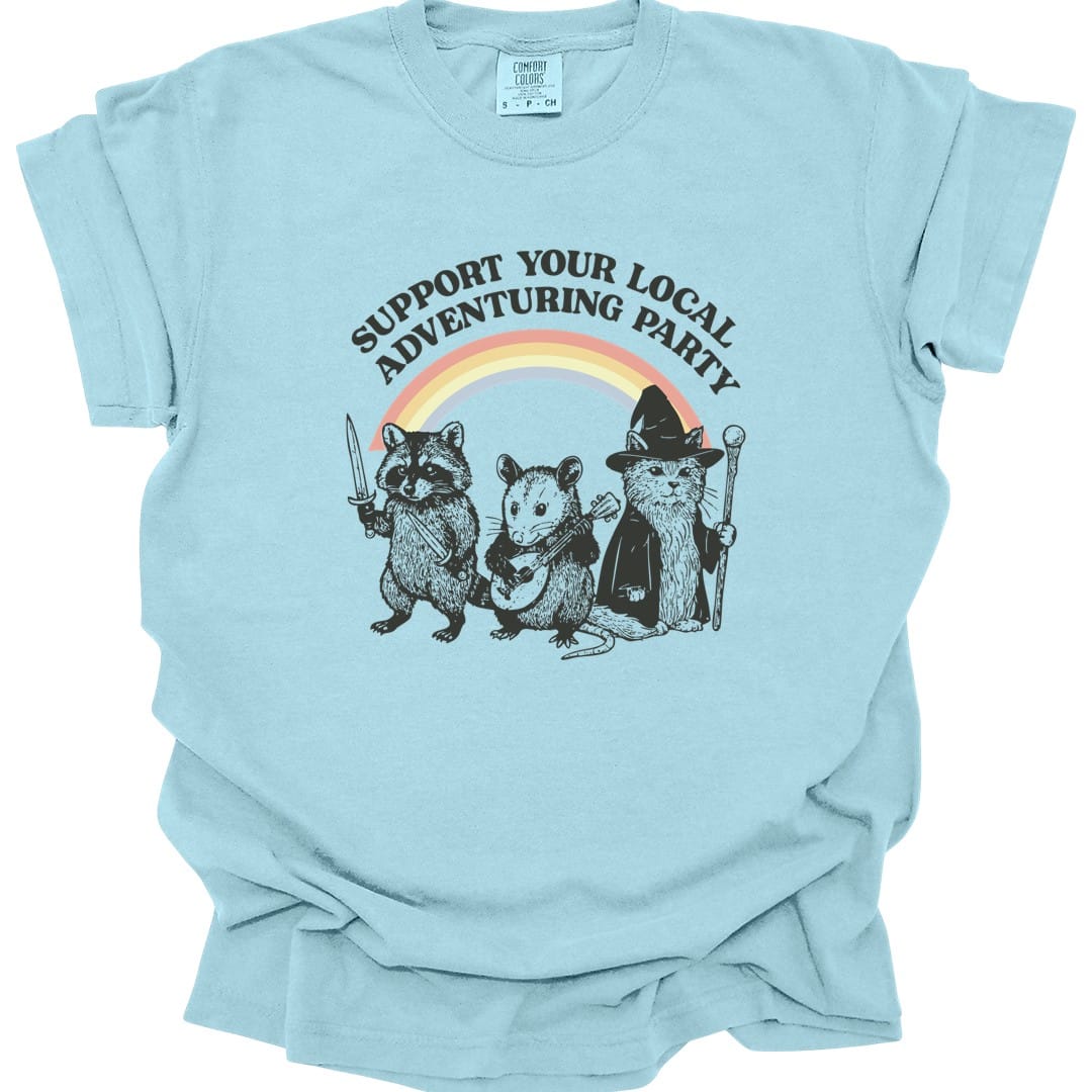 The same Support Your Local Adventuring Party design, on a chambray t-shirt.