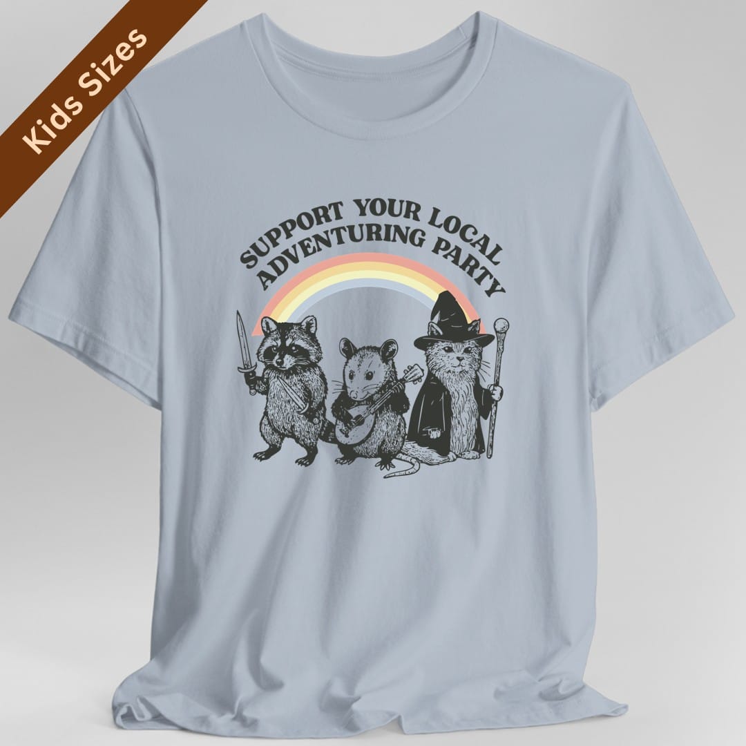 The same Support Your Local Adventuring Party design, on a light blue kids t-shirt.