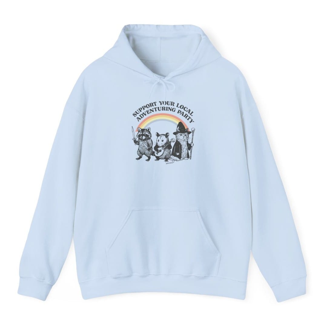 The same Support Your Local Adventuring Party design, on a light blue hoodie.