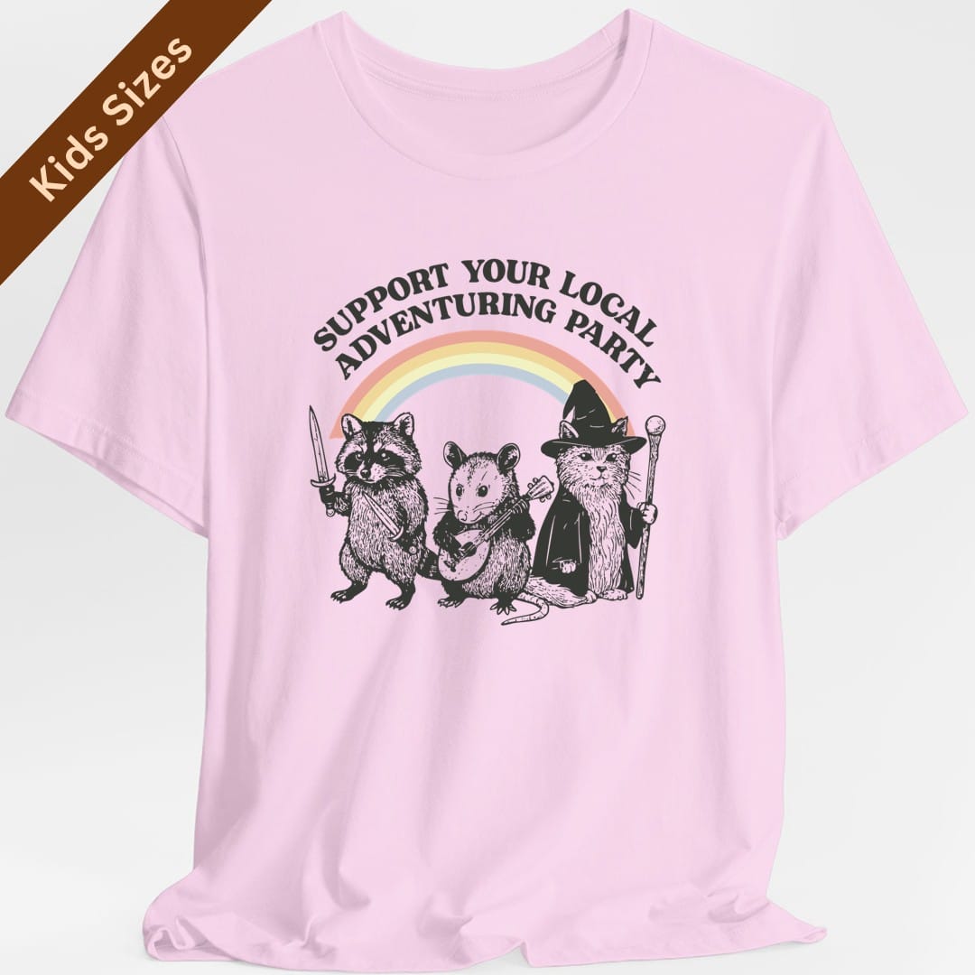 The same Support Your Local Adventuring Party design, on a light pink kids t-shirt.