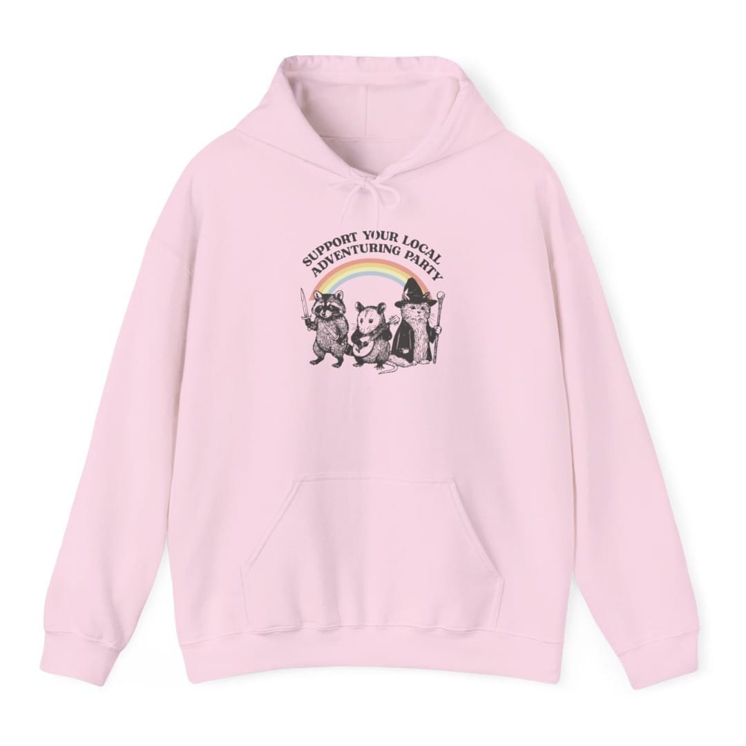 The same Support Your Local Adventuring Party design, on a light pink hoodie.