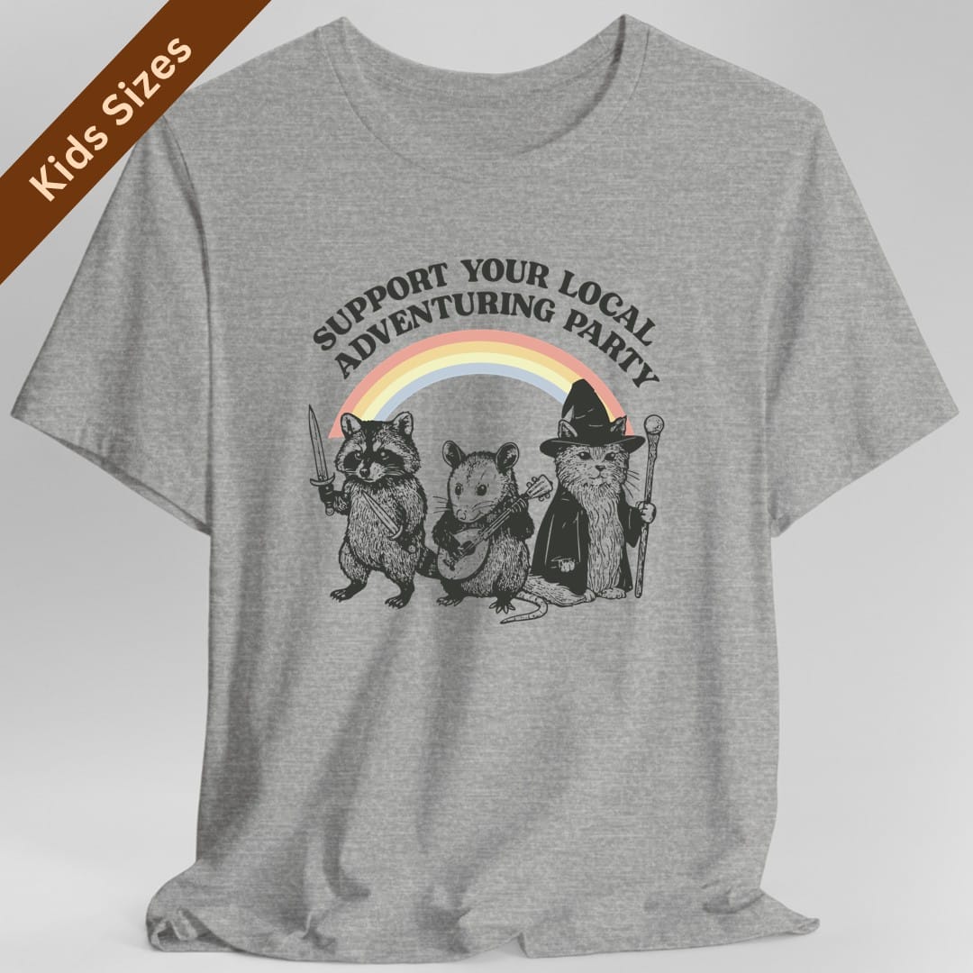 The same Support Your Local Adventuring Party design, on a sport grey kids t-shirt.