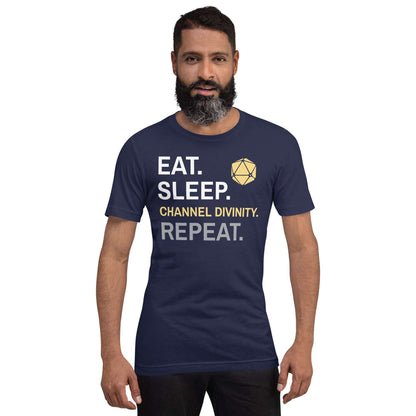 Cleric Class T-Shirt – 'Eat, Sleep, Channel Divinity, Repeat' – Dungeons & Dragons Cleric Class Apparel T-Shirt