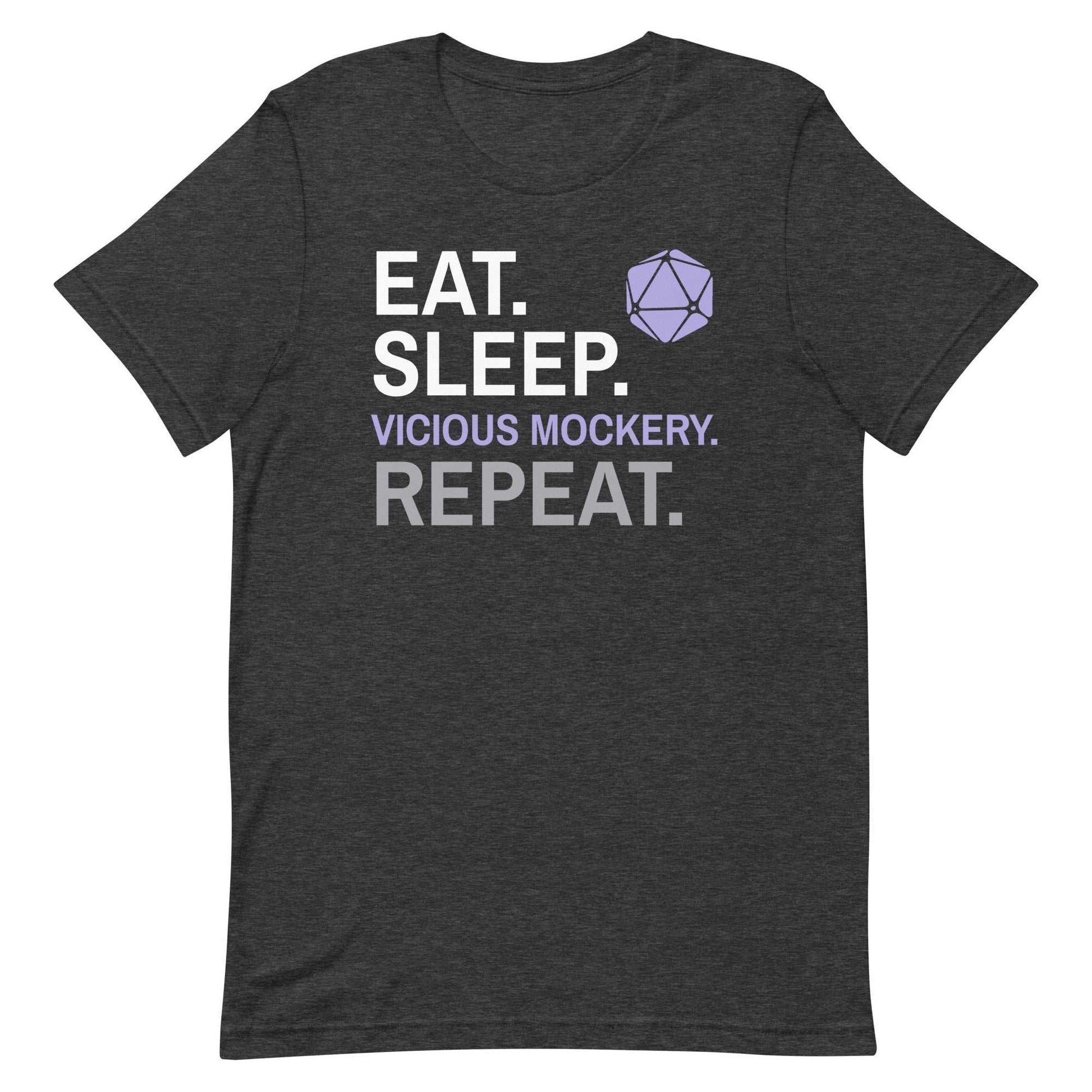 Bard Class T-Shirt – 'Eat, Sleep, Vicious Mockery, Repeat' – Dungeons & Dragons Bard Class Apparel T-Shirt Dark Grey Heather / S